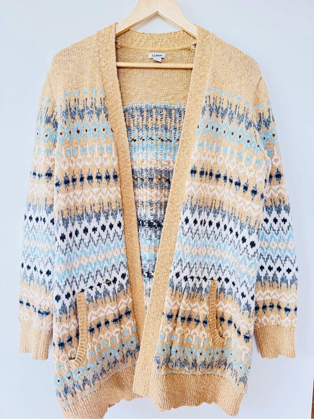 L.L.Bean XL Fair Isle Open Front Cardigan Sweater 100% Cotton Pockets Cozy